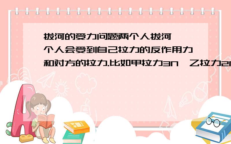 拔河的受力问题两个人拔河,一个人会受到自己拉力的反作用力和对方的拉力.比如甲拉力3N,乙拉力2N,那甲受到5N,乙也受到5N.这明显不对,为什么呢?