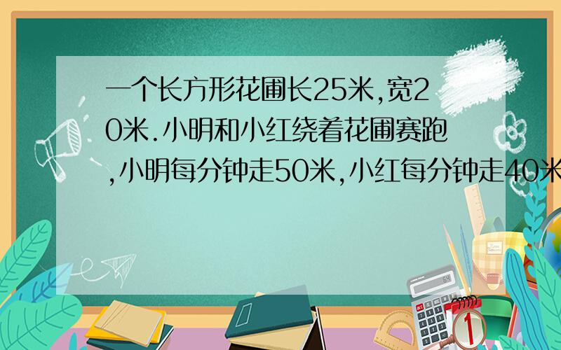 一个长方形花圃长25米,宽20米.小明和小红绕着花圃赛跑,小明每分钟走50米,小红每分钟走40米如果两人同一地点出发,背向而行,几分钟后会相遇?