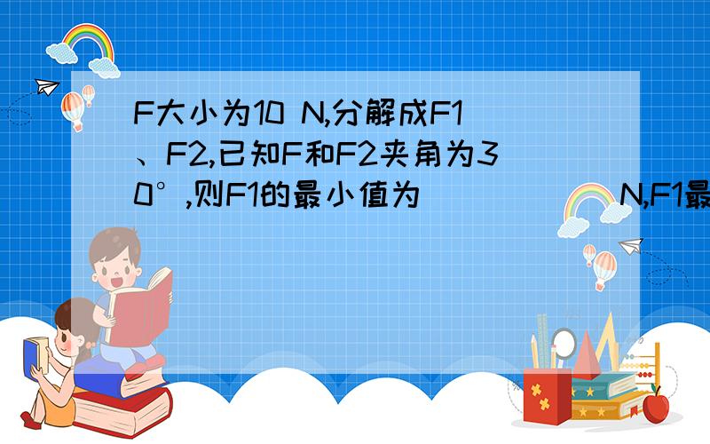 F大小为10 N,分解成F1、F2,已知F和F2夹角为30°,则F1的最小值为______N,F1最小时F2为_____牛.