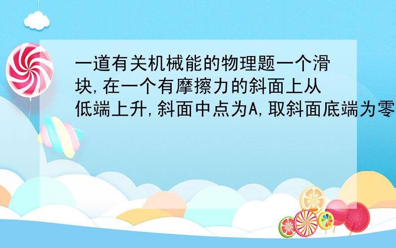 一道有关机械能的物理题一个滑块,在一个有摩擦力的斜面上从低端上升,斜面中点为A,取斜面底端为零势能面,问上升过程中动能和势能相等的位置在A点上方,还是在A点下方向上后下，没有说