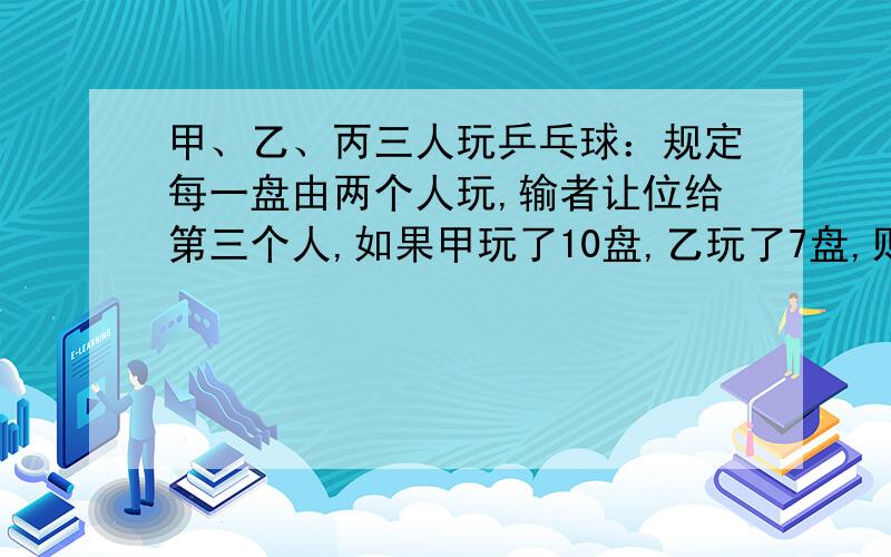 甲、乙、丙三人玩乒乓球：规定每一盘由两个人玩,输者让位给第三个人,如果甲玩了10盘,乙玩了7盘,则丙最多可以玩（ ）盘；最多可以赢（ ）盘.