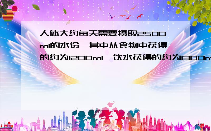 人体大约每天需要摄取2500ml的水份,其中从食物中获得的约为1200ml,饮水获得的约为1300ml.求饮水获得的占%从食物中获取的水份占 每日摄水量的%（要列算式）