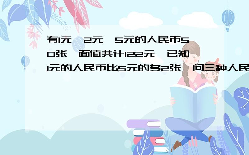 有1元、2元、5元的人民币50张,面值共计122元,已知1元的人民币比5元的多2张,问三种人民币各有多少张?不能用方程式解答