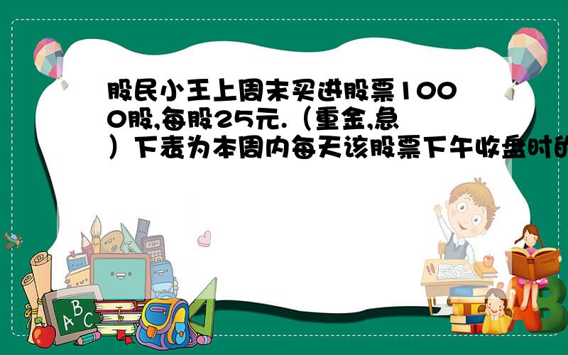 股民小王上周末买进股票1000股,每股25元.（重金,急）下表为本周内每天该股票下午收盘时的跌涨情况（正数表示相对前一天上涨的价格,负数表示相对于前一天下跌的价格)星 期 一 二 三 四