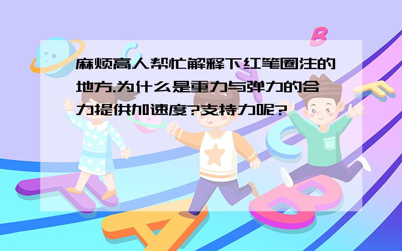 麻烦高人帮忙解释下红笔圈注的地方.为什么是重力与弹力的合力提供加速度?支持力呢?