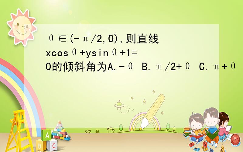 θ∈(-π/2,0),则直线xcosθ+ysinθ+1=0的倾斜角为A.-θ B.π/2+θ C.π+θ D.π/2-θ