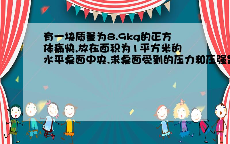 有一块质量为8.9kg的正方体痛快,放在面积为1平方米的水平桌面中央,求桌面受到的压力和压强是多大