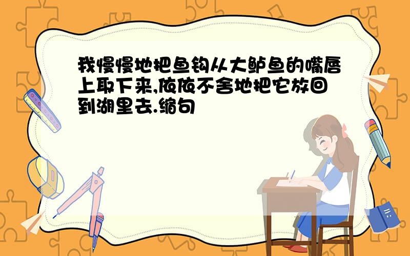 我慢慢地把鱼钩从大鲈鱼的嘴唇上取下来,依依不舍地把它放回到湖里去.缩句