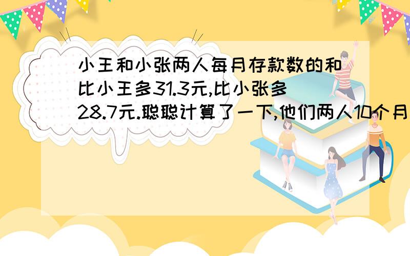 小王和小张两人每月存款数的和比小王多31.3元,比小张多28.7元.聪聪计算了一下,他们两人10个月的存款总数正好是600元.请你计算一下,聪聪算得对吗?如果不对请你写出算式.