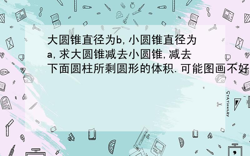 大圆锥直径为b,小圆锥直径为a,求大圆锥减去小圆锥,减去下面圆柱所剩圆形的体积.可能图画不好,请见谅.