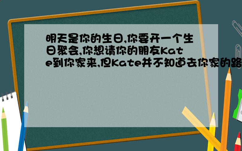 明天是你的生日,你要开一个生日聚会,你想请你的朋友Kate到你家来,但Kate并不知道去你家的路,你向她作了详细的介绍.请根据汉语及英语提示写一篇小短文.提示词：a birthday party,ask...to...,the wa