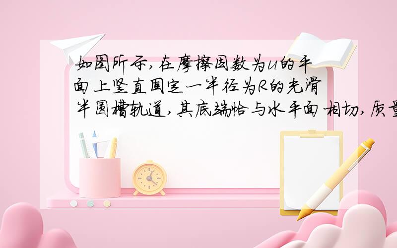 如图所示,在摩擦因数为u的平面上竖直固定一半径为R的光滑半圆槽轨道,其底端恰与水平面相切,质量为m的小球以某一初速度经半圆槽轨道最低点B滚上半圆槽,小球恰能通过最高点C后落回到水