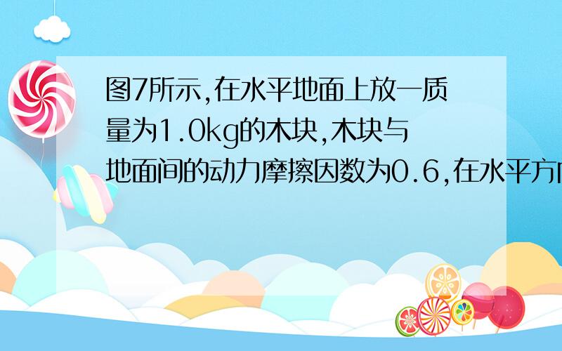 图7所示,在水平地面上放一质量为1.0kg的木块,木块与地面间的动力摩擦因数为0.6,在水平方向上对木块同时施加相互垂直的两个拉力F1、F2,已知F1=3.0N,F2=4.0N,g取10N/kg,设最大静摩擦等于滑动摩擦