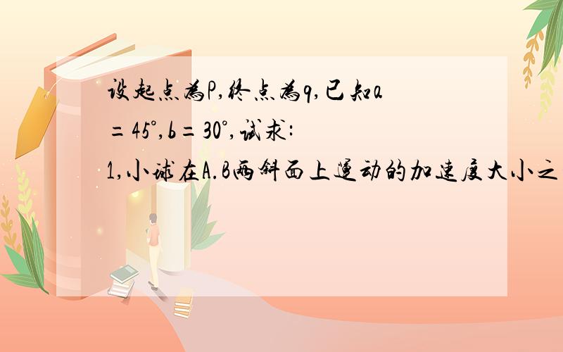 设起点为P,终点为q,已知a=45°,b=30°,试求:1,小球在A.B两斜面上运动的加速度大小之比