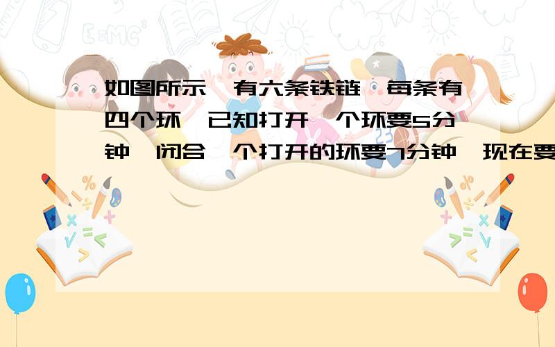 如图所示,有六条铁链,每条有四个环,已知打开一个环要5分钟,闭合一个打开的环要7分钟,现在要把六条铁链连成一个长铁链至少要（    ）分.