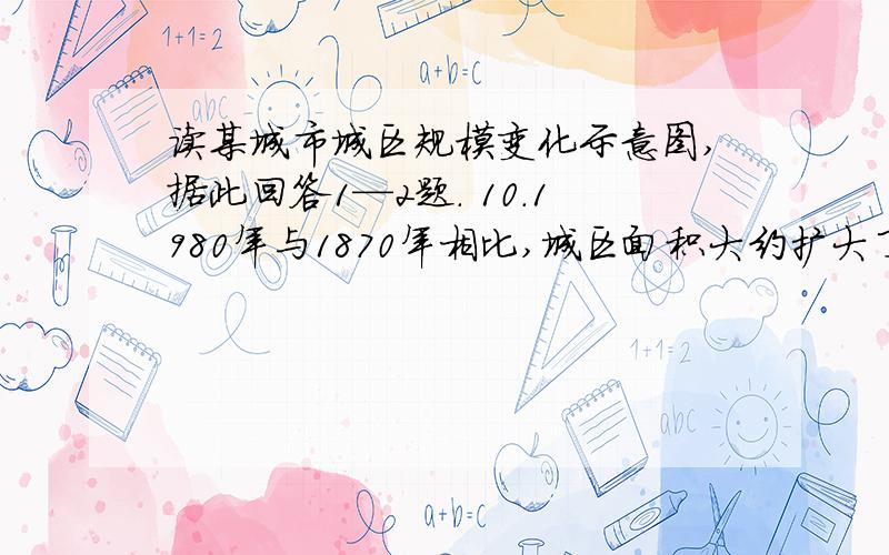 读某城市城区规模变化示意图,据此回答1—2题. 10.1980年与1870年相比,城区面积大约扩大了 A．10倍         B.50倍           C.80倍           D.100倍 11.若该城市计划建一座火力发电厂,布局最合理的是 A.