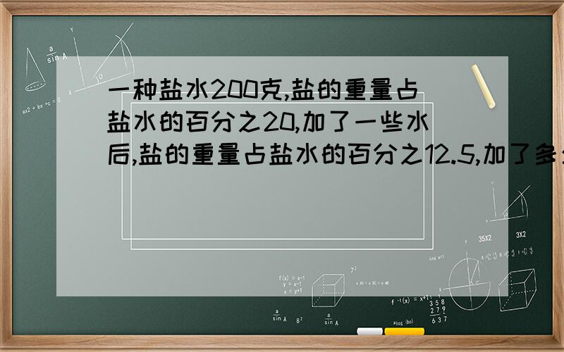 一种盐水200克,盐的重量占盐水的百分之20,加了一些水后,盐的重量占盐水的百分之12.5,加了多少水?