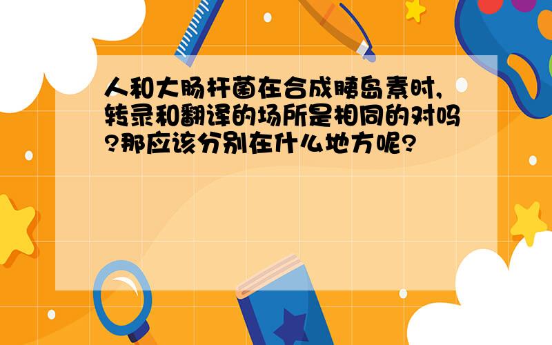 人和大肠杆菌在合成胰岛素时,转录和翻译的场所是相同的对吗?那应该分别在什么地方呢?