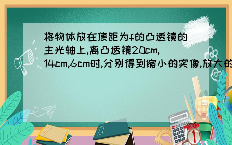 将物体放在焦距为f的凸透镜的主光轴上,离凸透镜20cm,14cm,6cm时,分别得到缩小的实像,放大的实像和放