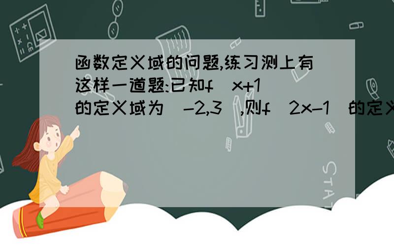 函数定义域的问题,练习测上有这样一道题:已知f(x+1)的定义域为[-2,3],则f(2x-1)的定义域为( ) A.[0,5/2] B.[-1,3/2] C.[-5,5] D.[-3,7] 解法是因为f(x+1)定义域为[-2,3]所以-1≤x+1≤4,所以f(2x-1)中x满足-1≤2x-1