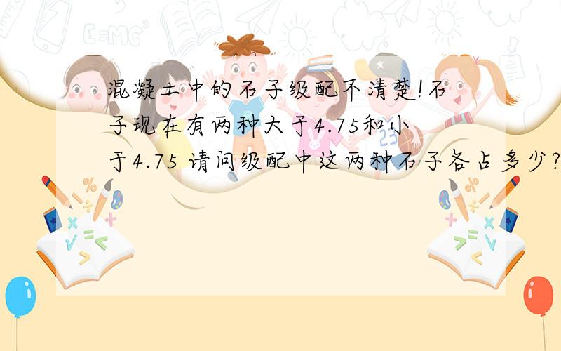 混凝土中的石子级配不清楚!石子现在有两种大于4.75和小于4.75 请问级配中这两种石子各占多少?回答时请用 水泥：砂：石子（大,小）：水这样回答 比较容易明白 急用!我不说了我只是参考么