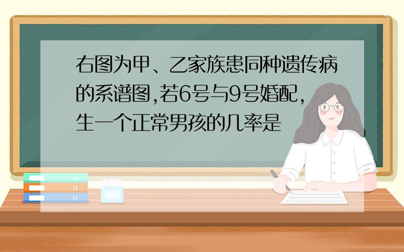 右图为甲、乙家族患同种遗传病的系谱图,若6号与9号婚配,生一个正常男孩的几率是