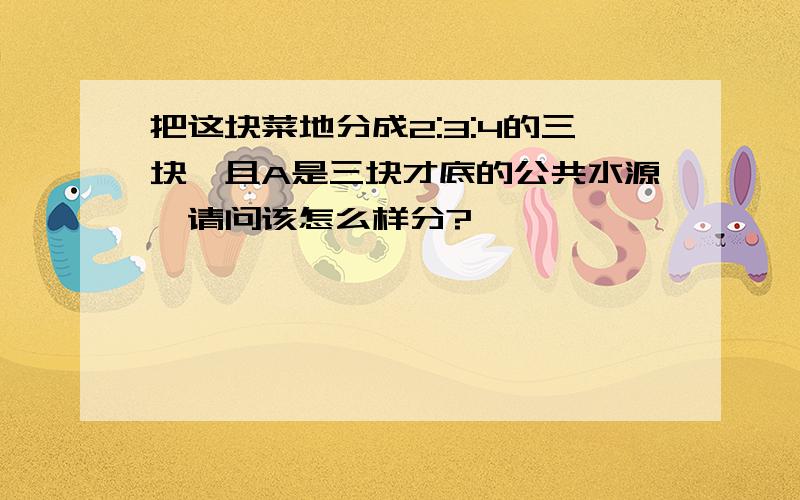 把这块菜地分成2:3:4的三块,且A是三块才底的公共水源,请问该怎么样分?