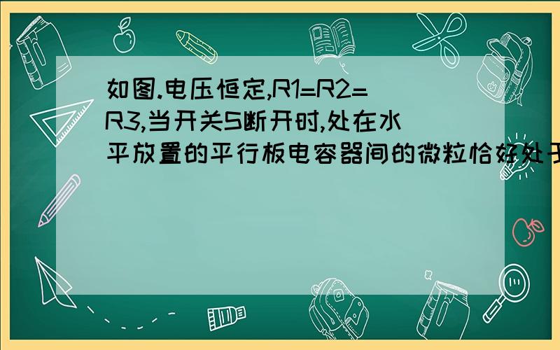 如图.电压恒定,R1=R2=R3,当开关S断开时,处在水平放置的平行板电容器间的微粒恰好处于平衡状态.当开关S闭合时,电容器两端的电压恒定后,带电粒子的加速度是多大?方向如何?答案是a=1/2g 方向