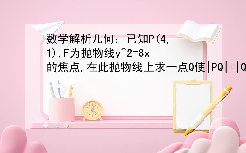 数学解析几何：已知P(4,-1),F为抛物线y^2=8x的焦点,在此抛物线上求一点Q使|PQ|+|QF|的值最小,则点Q坐标