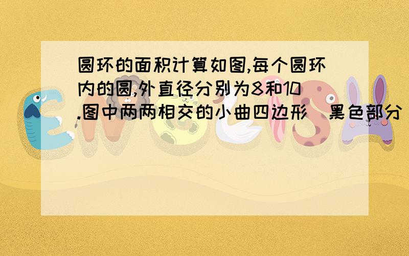 圆环的面积计算如图,每个圆环内的圆,外直径分别为8和10.图中两两相交的小曲四边形(黑色部分)的面积相等.已知无个圆环覆盖的面积是122.5平方单位,请你算出每个小曲边四边形的面积为多少