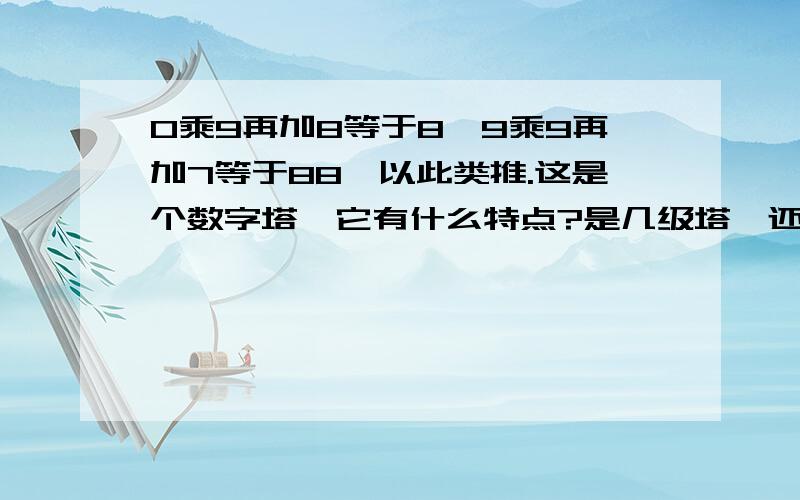 0乘9再加8等于8,9乘9再加7等于88,以此类推.这是个数字塔,它有什么特点?是几级塔,还能再造下去吗?