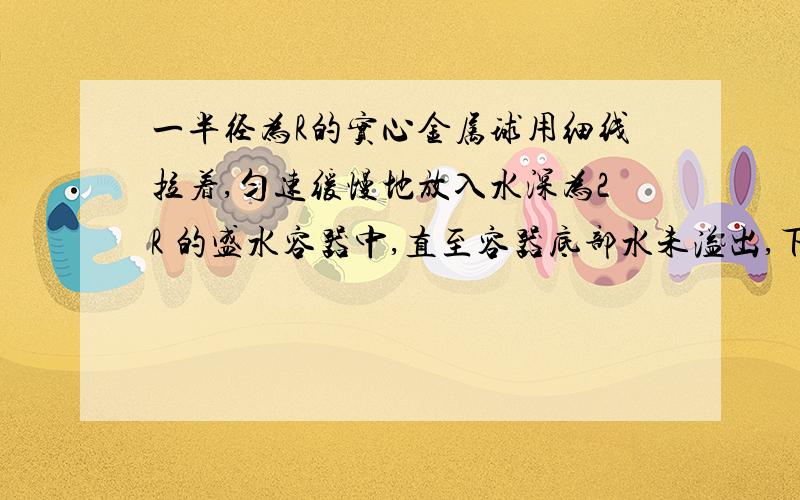 一半径为R的实心金属球用细线拉着,匀速缓慢地放入水深为2R 的盛水容器中,直至容器底部水未溢出,下图那个正确?（）下面的看图吧