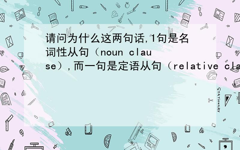 请问为什么这两句话,1句是名词性从句（noun clause）,而一句是定语从句（relative clause）?1.The party [which Pat said that Chris was going to this weekend ] is at Sandy's 这句中[which Pat said that Chris was going to this w