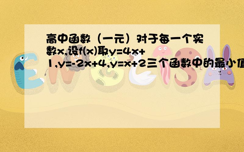 高中函数（一元）对于每一个实数x,设f(x)取y=4x+1,y=-2x+4,y=x+2三个函数中的最小值,用分段函数写出f(x)的解析式,并求f(x)的最大值