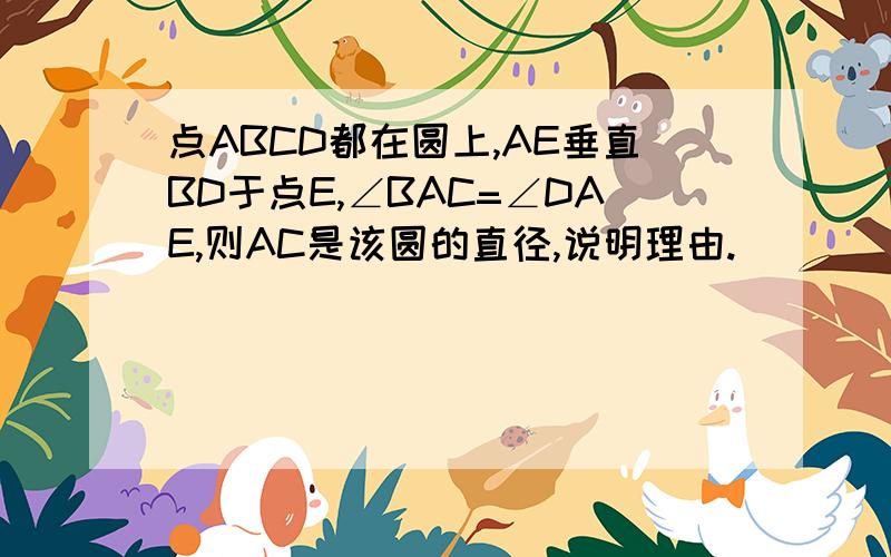 点ABCD都在圆上,AE垂直BD于点E,∠BAC=∠DAE,则AC是该圆的直径,说明理由.