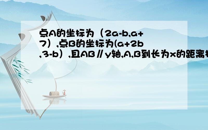 点A的坐标为（2a-b,a+7）,点B的坐标为(a+2b,3-b）,且AB∥y轴,A,B到长为x的距离相等,则A,B的距离是