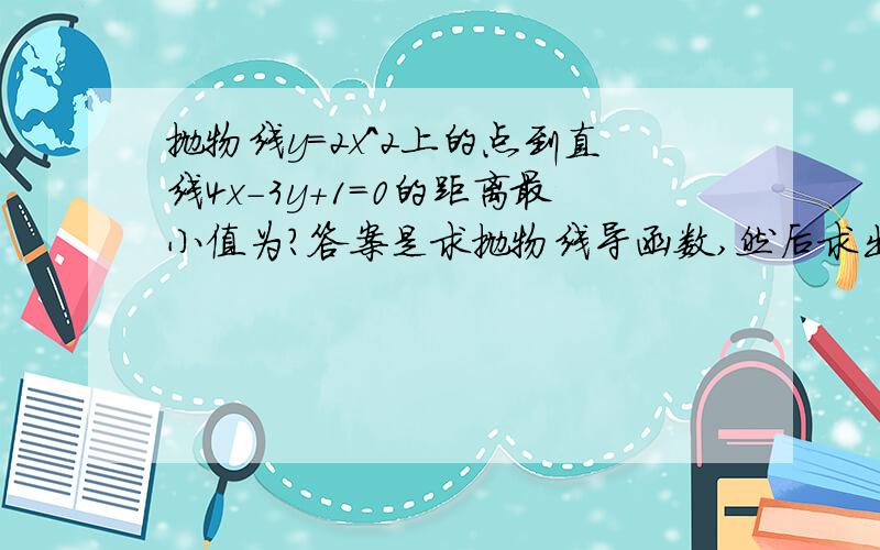 抛物线y=2x^2上的点到直线4x-3y+1=0的距离最小值为?答案是求抛物线导函数,然后求出当抛物线切线与直线平行时导函数的值,再根据导函数的值求最小距离为1/3.但我有个问题,直线与抛物线有交