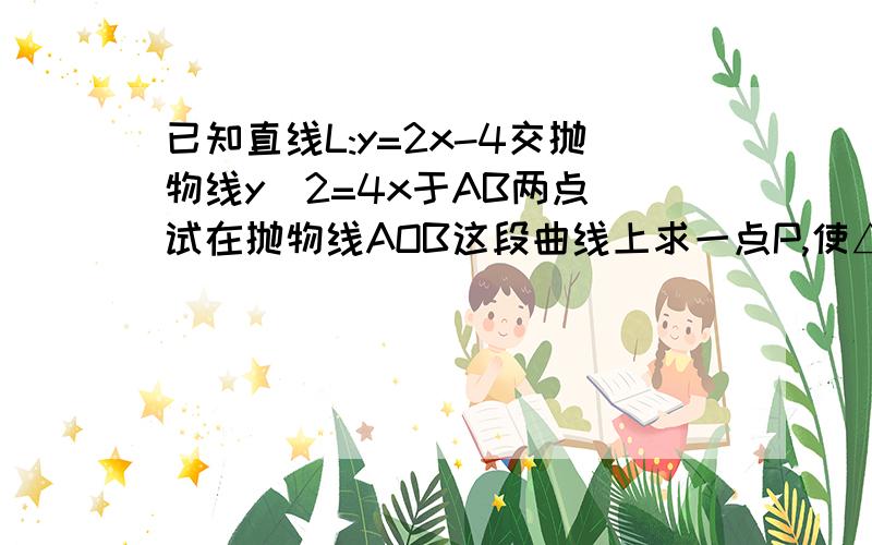 已知直线L:y=2x-4交抛物线y^2=4x于AB两点 试在抛物线AOB这段曲线上求一点P,使△AOB的面积最大,并求这个最大的面积