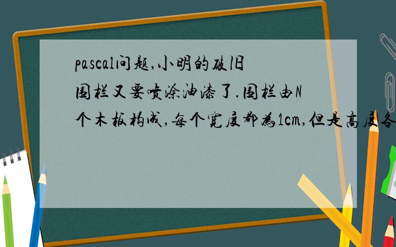 pascal问题,小明的破旧围栏又要喷涂油漆了.围栏由N个木板构成,每个宽度都为1cm,但是高度各不相同.他给自己买了一个喷漆机器,喷涂头恰好也是1cm宽.小明的喷漆机器是直接喷射的,因此喷头的