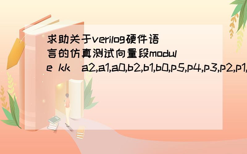 求助关于verilog硬件语言的仿真测试向量段module kk(a2,a1,a0,b2,b1,b0,p5,p4,p3,p2,p1,p0 ); input a2,a1module kk(a2,a1,a0,b2,b1,b0,p5,p4,p3,p2,p1,p0 );input a2,a1,a0,b2,b1,b0;output p5,p4,p3,p2,p1,p0;regreg[5:0]result;reg[2:0]a,b;integer