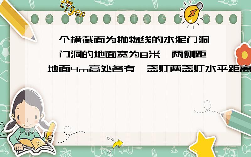 一个横截面为抛物线的水泥门洞,门洞的地面宽为8米,两侧距地面4m高处各有一盏灯两盏灯水平距离为6m,求门洞的高度