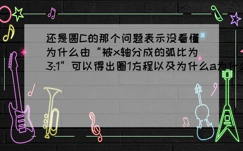 还是圆C的那个问题表示没看懂为什么由“被x轴分成的弧比为3:1”可以得出圈1方程以及为什么a为什么等于b