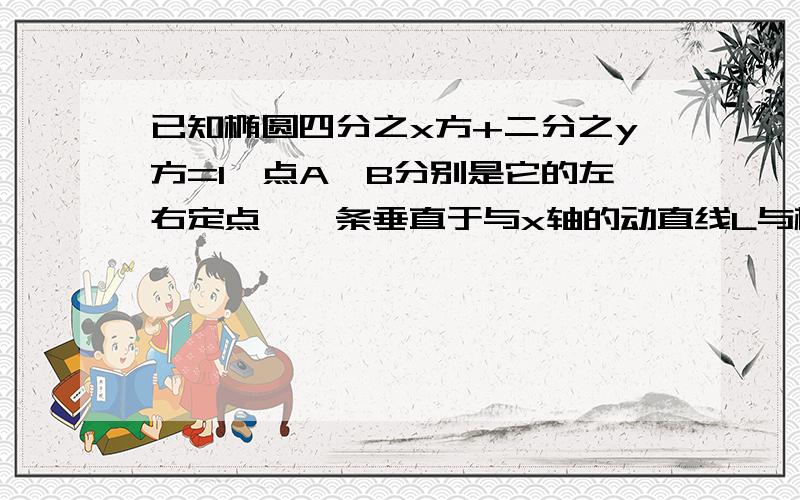 已知椭圆四分之x方+二分之y方=1,点A、B分别是它的左右定点,一条垂直于与x轴的动直线L与椭圆交于P、Q两点