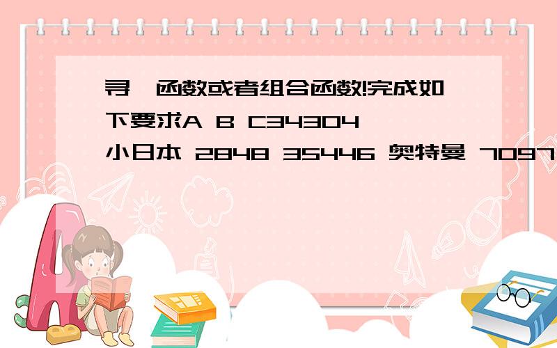 寻一函数或者组合函数!完成如下要求A B C34304 小日本 2848 35446 奥特曼 7097 11663 奥特曼 5336 37970 小日本 2637 13850 小怪兽 4990 18030 小怪兽 9510 28597 小日本 1253 37746 小怪兽 9633 35537 蝙蝠侠 4194 40517