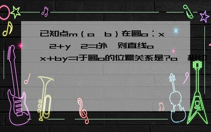 已知点m（a,b）在圆o：x^2+y^2=1外,则直线ax+by=1于圆o的位置关系是?a,相切 b,相交 c,相离 d,不确定 求详解