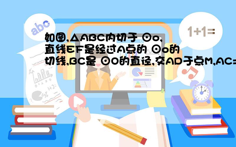 如图,△ABC内切于 ⊙o,直线EF是经过A点的 ⊙o的切线,BC是 ⊙O的直径,交AD于点M,AC=AD,∠EAB=30°[1]求∠ACB的度数,【2】写出三条于A相关的结论【3】若MB=1,求 ⊙o的直径.我是新手,无太多财富,这道题