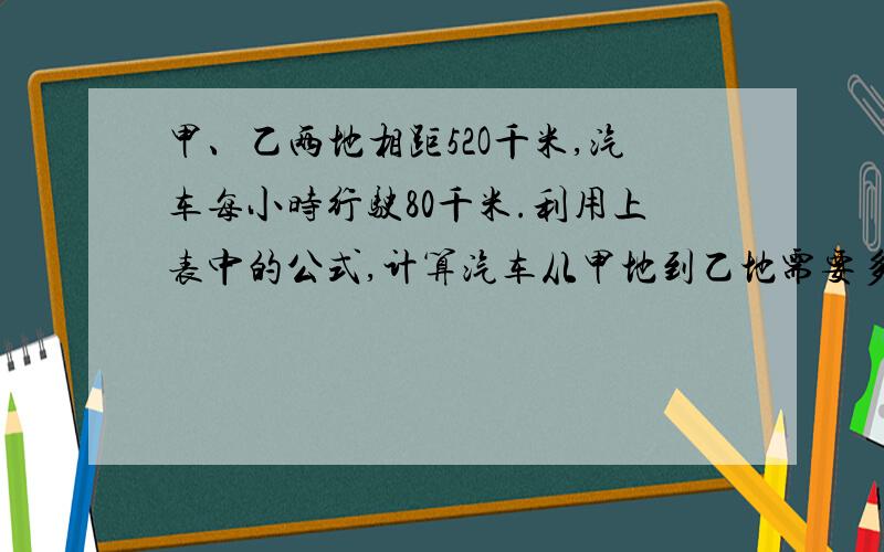 甲、乙两地相距52O千米,汽车每小时行驶80千米.利用上表中的公式,计算汽车从甲地到乙地需要多少小时.