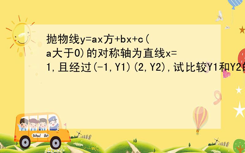 抛物线y=ax方+bx+c(a大于0)的对称轴为直线x=1,且经过(-1,Y1)(2,Y2),试比较Y1和Y2的大小Y1（大于,小于或等于）Y2