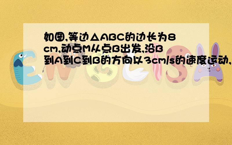 如图,等边△ABC的边长为8cm,动点M从点B出发,沿B到A到C到B的方向以3cm/s的速度运动,动点N从点C出发,沿C到A到B到C方向以2cm/s的速度运动（1）若动点M,N同时出发,经过几秒钟两点第一次相遇?（2）若