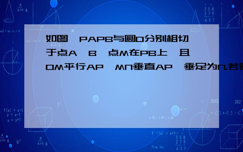 如图,PAPB与圆O分别相切于点A,B,点M在PB上,且OM平行AP,MN垂直AP,垂足为N.若圆O的半径R=3,PA=9,求OM的长.